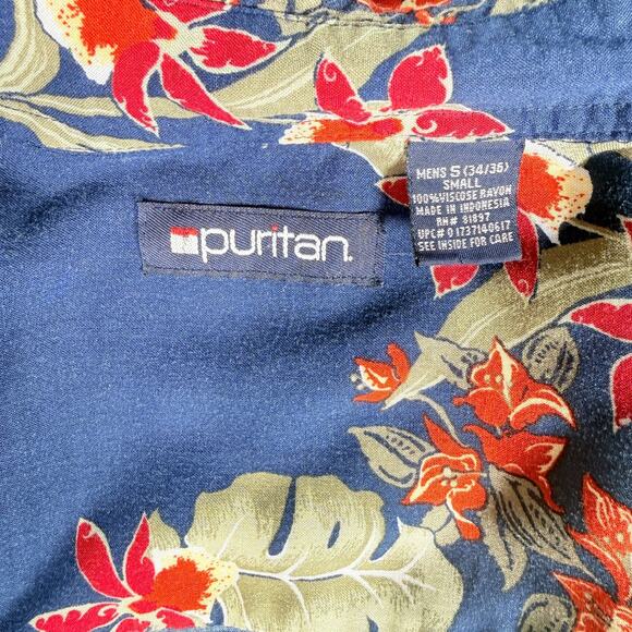 Puritan Mens Blue Tropical Hawaiian Floral Print Short Sleeve Button Up Shirt S - Picture 2 of 6